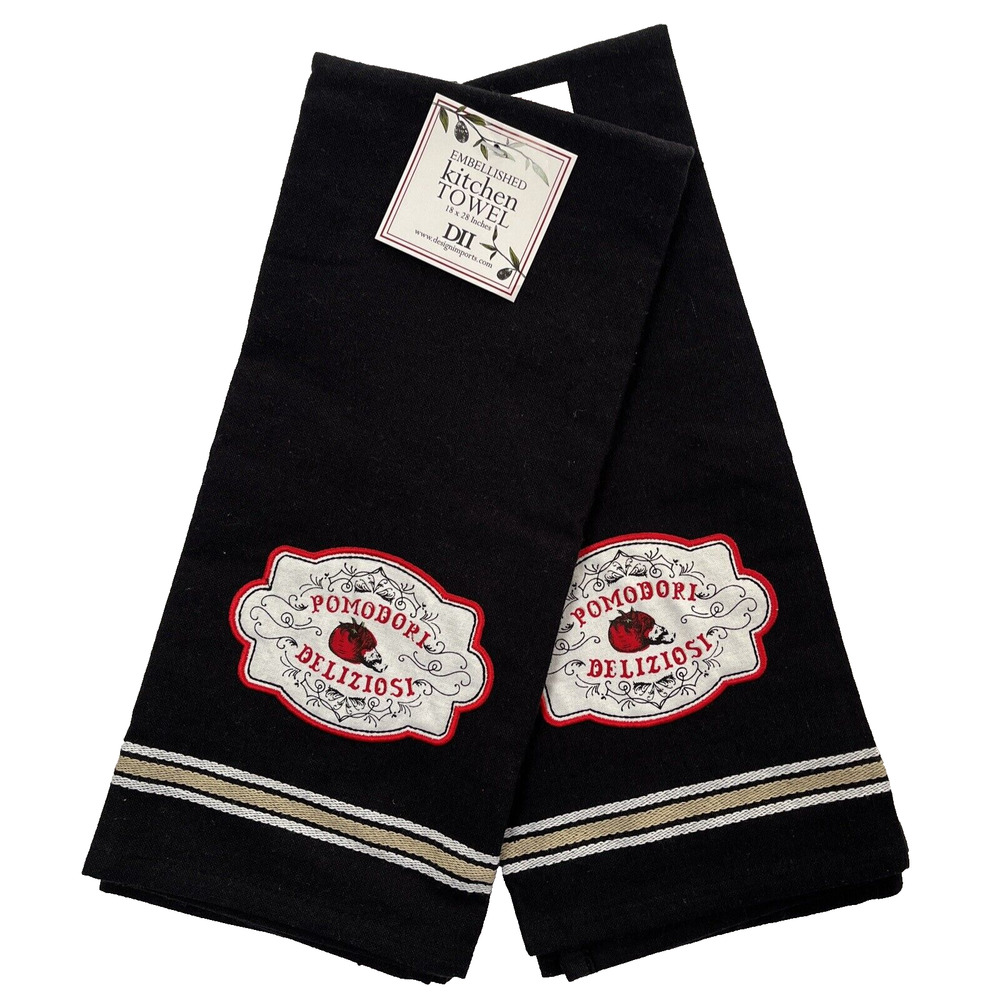 DII Kitchen Towels Black Embellished Italian 18x28 inch Set of 2 Cotton